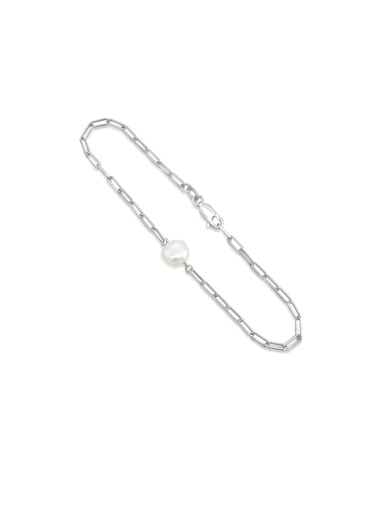 Paperclip Pearl Silver Bracelet